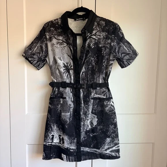 Desigual Black and White Printed Mini Shirtdress Button-Front | M - Picture 3 of 5